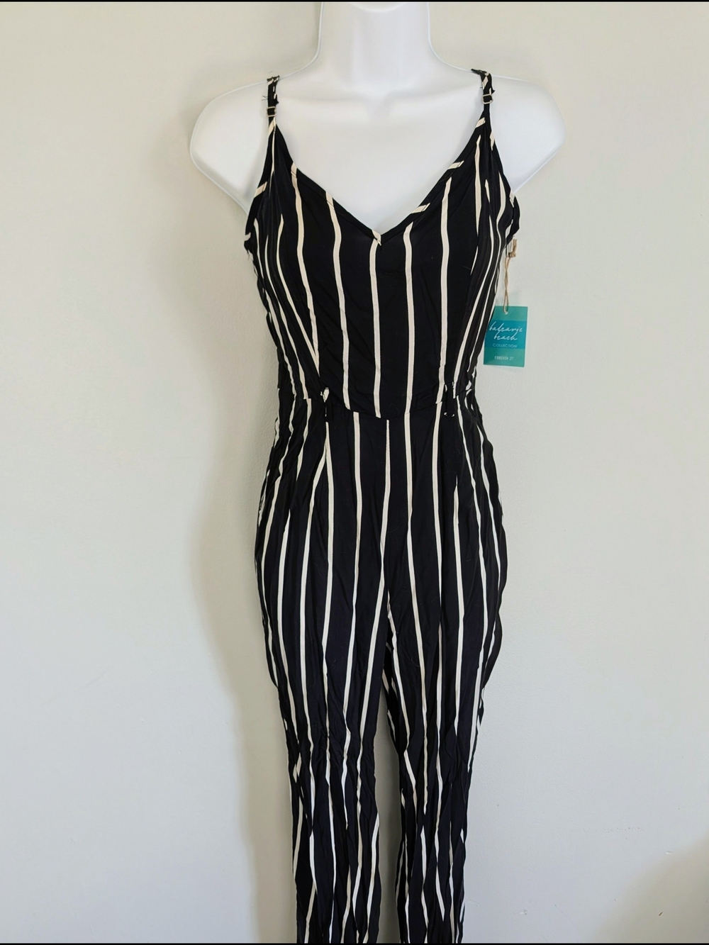 Forever 21 Black and White Vertical Stripe Spaghetti Strap Jumpsuit